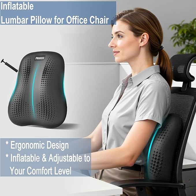 Lumbar Support Pillow, Inflatable Rubber Lumbar Pillow for Lower Back Pain Relief - Car Back Cushion for Driving - Lumbar Support for Car-Office Chair, Massage Points, Adjustable Firmness, Black