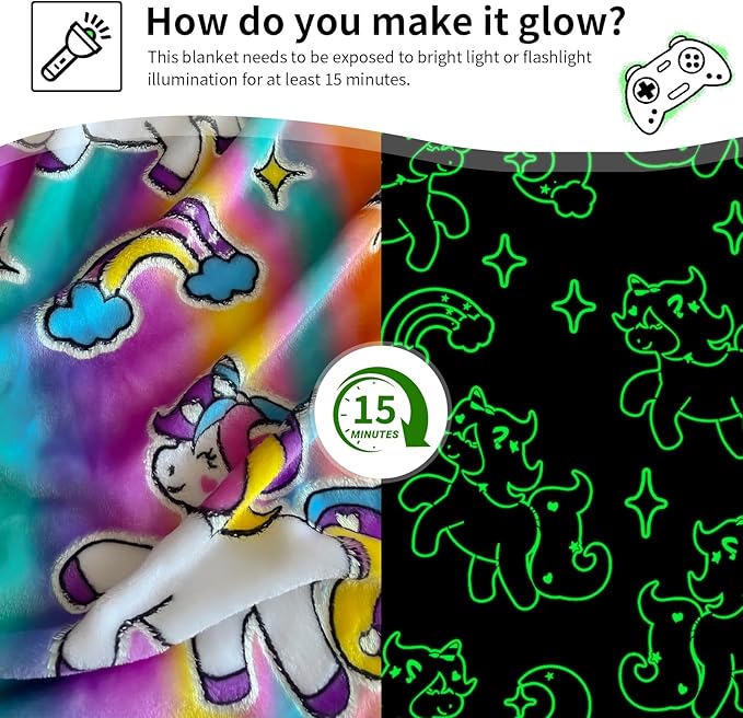 Unicorn Glow in The Dark Blanket, Unicorn Blanket for Girls/Kids, Unicorns Gifts for Girls Age 3-12, Toddler Blanket for Kids, Soft Fleece Blanket Throw Birthday Gift 40"x60"