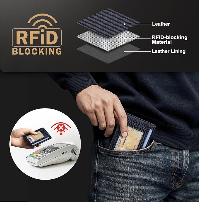 Travelambo Slim Wallet Front Pocket Minimalist Leather RFID Blocking Medium Size (Carbon Fiber Black)