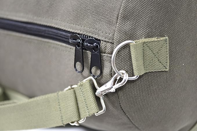 Waxed Canvas All Purpose Military Style Duffle Bag, Water-Resistant, Adjustable Strap, Fully Lined, Double Zipper Closure, heavy Duty, Olive Green