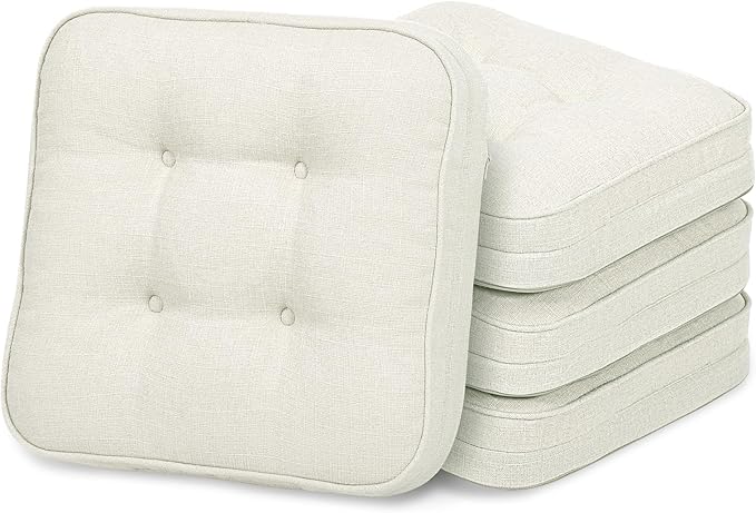 GOFORIT Memory Foam Cushion，Square Seat Cushions for Dining Chairs,Non-Slip Chair Pads with Removable Cover, 16'' x 16'',4 Pack, Off White