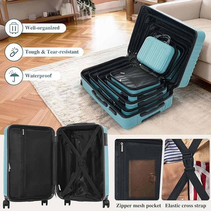 Hardshell 6pcs Luggage, Lightweight Suitcase with Spinner Wheels, Ice blue