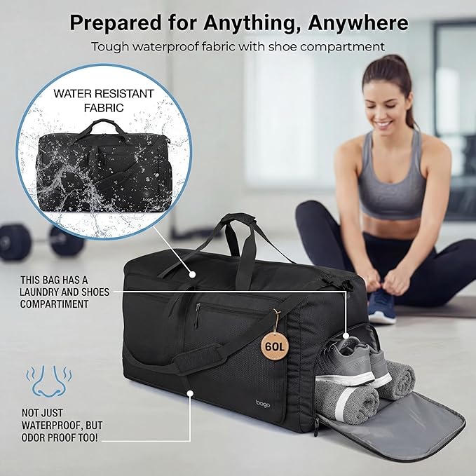 Bago Medium Duffle Bag for Travel Women & Men. Durable Lightweight Foldable Travel Duffel Bags For Traveling Women. 60L Duffle Bags For Overnight Bag With Shoe Compartment Collapsible Weekender duffel