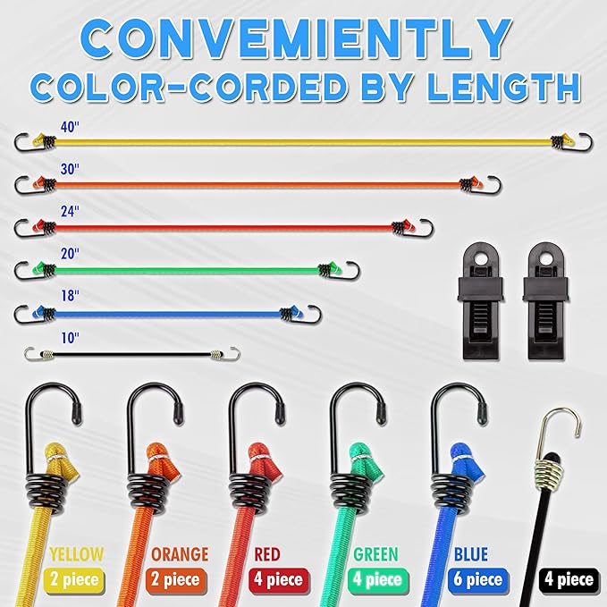Cartman 22pcs Bungee Cord Assortment with Metal Hook in Jar, Includes 10", 18", 20", 24", 30", 40" Bungie Cord Bundle, with 2pcs Tarp Clips