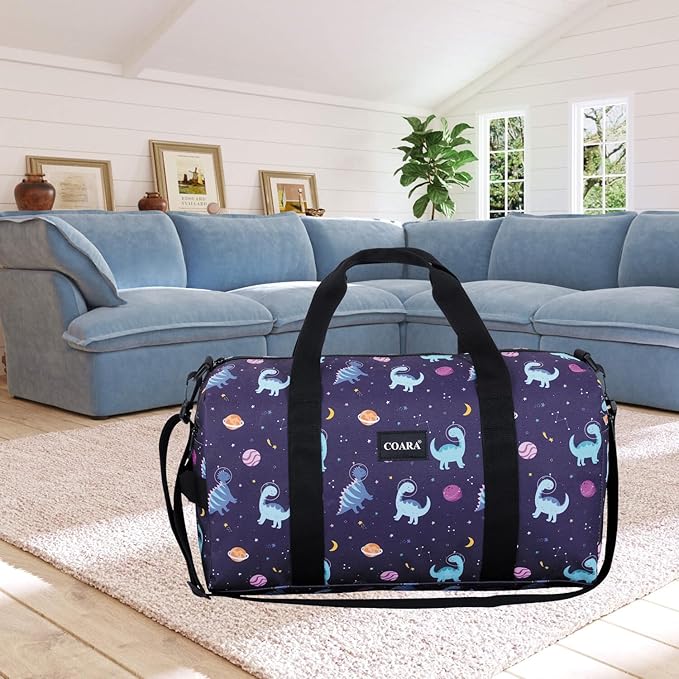 Kids Duffle Bag Overnight Bags for Boys and Girls Weekender Sleepover Carry-On Tote for Traveling Gym Sport Dance (Dinosaur Navy)