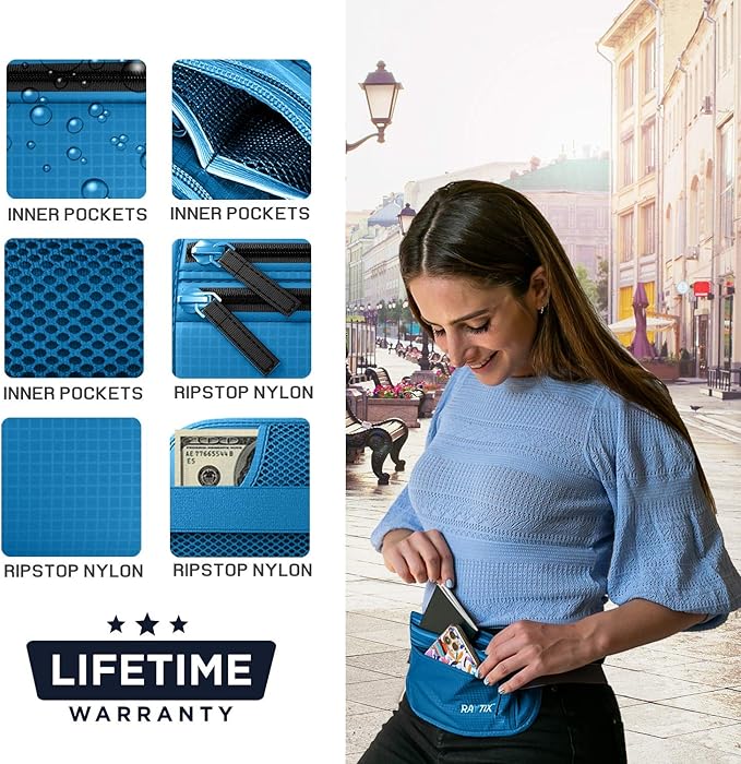 Money Belt For Travel – RFID Blocking Waist Pouch Passport Holder Wallet Belt – Waterproof Hidden Travel Fanny Pack For Men & Women – Secure, Lightweight, Adjustable Strap – Blue