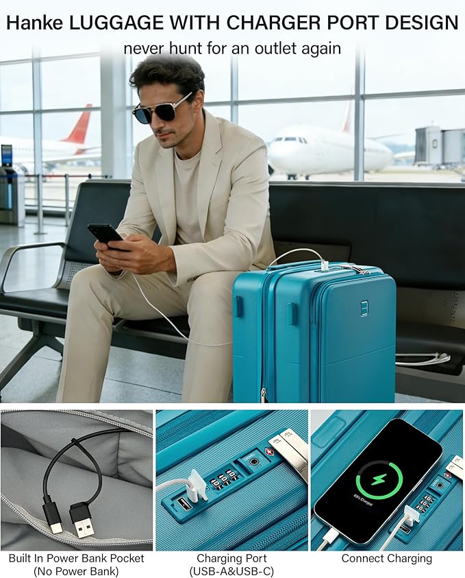 Hanke 20 Inch Expandable Carry On Luggage with Cup Holder 22x14x9 Airline Approved, Top Opening Hard Shell Suitcases with Wheels, Carry-On Travel Suitcase Trunk Luggage with Lock, Caribbean Blue