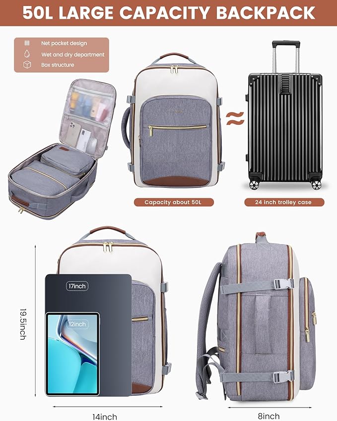 LOVEVOOK 50L Travel Backpack for Women & Men, Airline Approved Carry On Luggage with 3 Packing Cubes, TSA Overnight Bags, Waterproof Personal Item Bag, Weekender Essentials Backpacks fits 17" Laptop