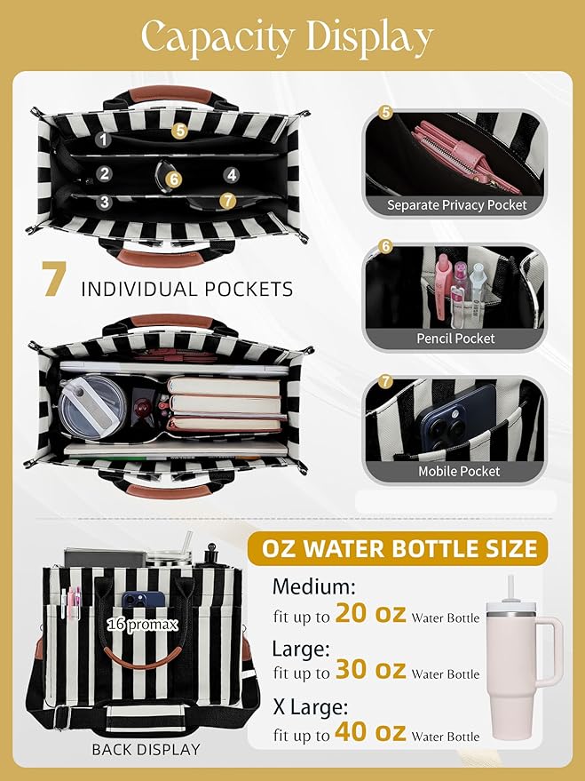 FIORETTO Canvas Tote Bag for Women with Zipper Closure & Individual Compartments for Work College for Teacher & Nurse