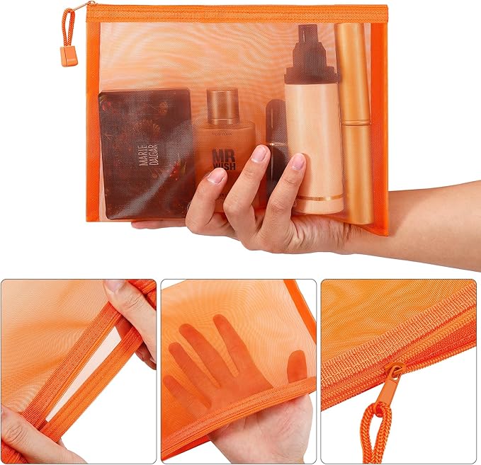 12 Pieces Zipper Nylon Mesh Pouch, Mesh Cosmetic Bags Makeup Bags Pencil Case, Multipurpose Travel Bags for Cosmetic School Office Supplies and Travel Accessories (Orange, A5+B6)
