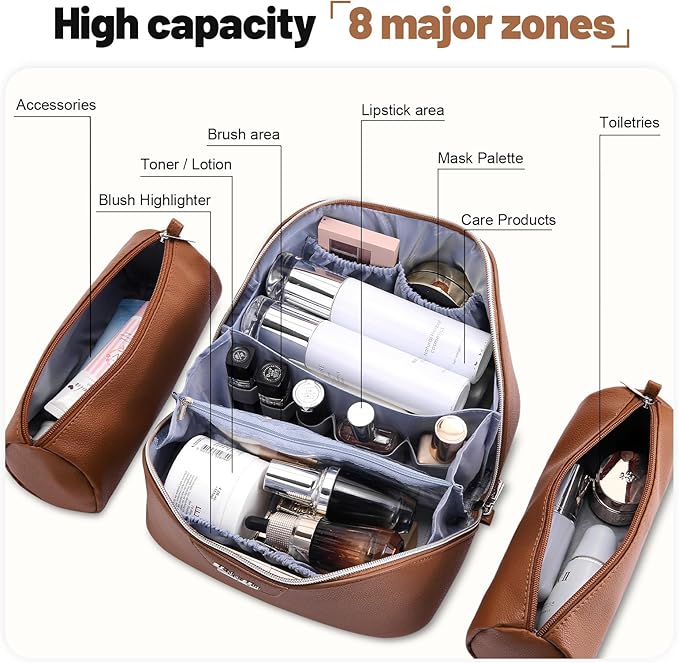BOYATU Travel Makeup Bag Cosmetic Bags for Women: Large Capacity 3 Pcs Set Make up Bag with Compartments - Waterproof Vegan Leather Toiletry Organizer Bags with Handle (L25Brown)