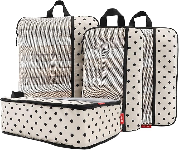 U+U 4 Set Compression Packing Cubes - Ultralight Travel Organizers, Space-Saving Suitcase Organizer, Expandable Packing Cubes for Travel, Business Trip and Family Vacation (Polka Dot)