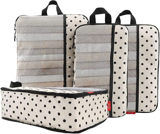 U+U 4 Set Compression Packing Cubes - Ultralight Travel Organizers, Space-Saving Suitcase Organizer, Expandable Packing Cubes for Travel, Business Trip and Family Vacation (Polka Dot)