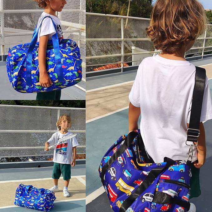 CAMTOP Kids Duffel Overnight Bag Boys Girls Toddler Weekender Carry-On Personalized Tote for Travel Gym Sport (Dinosaur-Dark Blue)