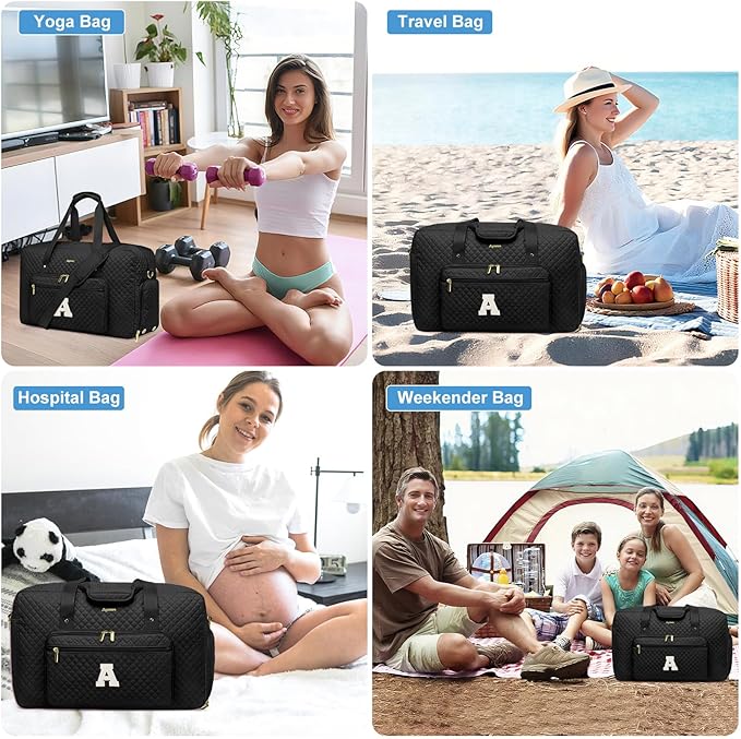 Initial Travel Duffle Bags for Women - Personalized Weekender Bag with Shoe Compartment Overnight Bags with Toiletry Bag Hospital Bag for Women Birthday Gifts for Mom Wife Friends Black (Letter A)
