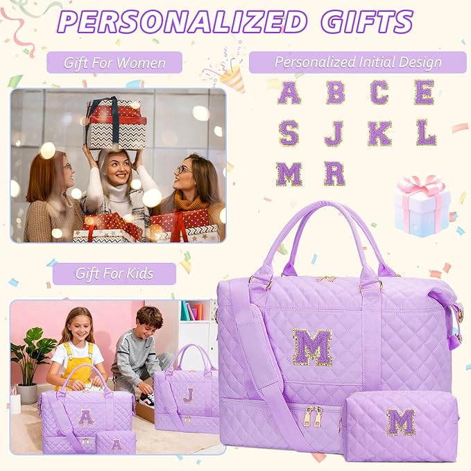 Gifts for Teenage Girl Initial Travel Duffle Bag Quilted Weekender Bags Carry-On Overnight with Cosmetic Bag, Gym Bag with Shoe Compartment Hospital Bag for Women Labor Delivery, Purple-M