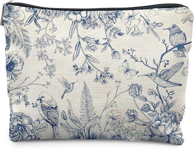 Chinoiserie Floral Makeup Bag, Chinoiserie Decor Cosmetic Bag Toiletry Bag for Women, Floral Bird Makeup Bag, Chinoiserie Makeup Pouch