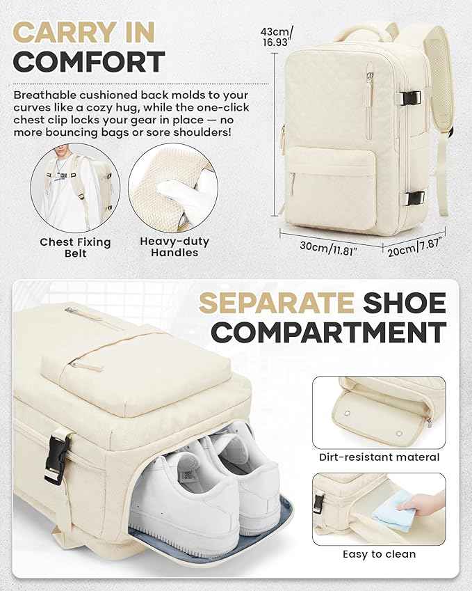VECAVE Vacuum Travel Backpack with Pump for Women,Personal Item Carry on Backpacks Flight Approved 18x14x8 inches for Men,Laptop Waterproof Work Compression bags Casual Daypack Beige.