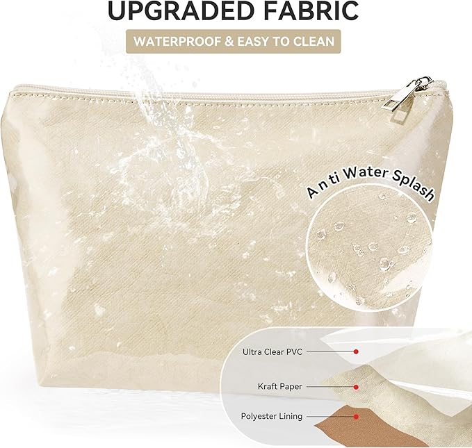 WLLWOO PVC Waterproof Makeup Bag Kraft Paper Cosmetic Bag Travel Toiletry Zipper Pouch Organizer for Women Purse