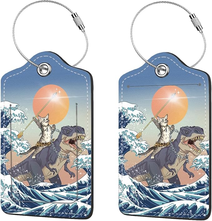 2 Pcs Luggage Tags for Suitcase, Cute Unique PU Leather Travel Bag Tag with Privacy Cover ID Label Address Card and Durable Metal Ring Suitable for Men Women Children Backpack,Cat Riding Dinosaur