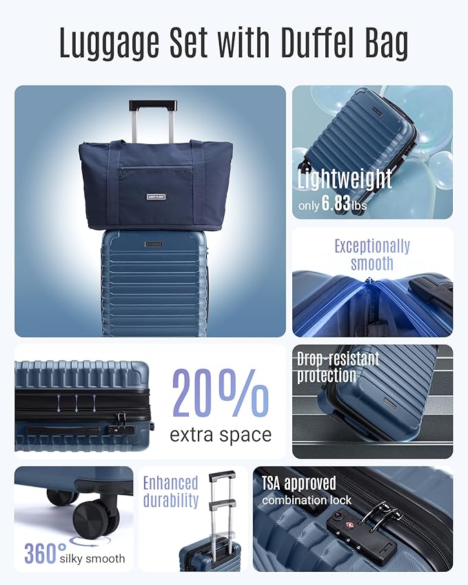 LIGHT FLIGHT Luggage Sets, Carry On Luggage 22x14x9 Airline Approved, Carry On Travel Bag Suitcases with Wheels, Expandable Hardside Lightweight Rolling with TSA Lock 2-Piece Set (DB/20),Royal Blue