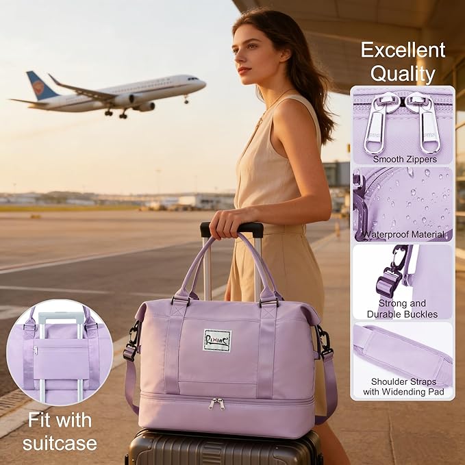 Travel Duffle Bag Weekender Bags for Women with Shoes Compartment, Travel Duffel Tote Carry on Overnight Bag for Travel Business Trips, Sport Yoga Gym Bag with Wet Pocket (Purple)