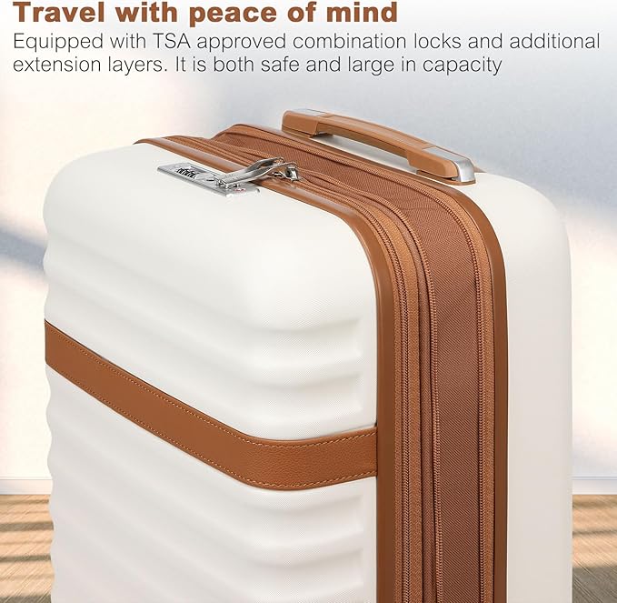 Kono Medium Sized Checked Luggage, 24 Inch Expandable with Spinner Wheels, TSA Lock, ABS + PC Lightweight Travel Suitcase with Larger Capacity and Lighter Weight, Cream Brown