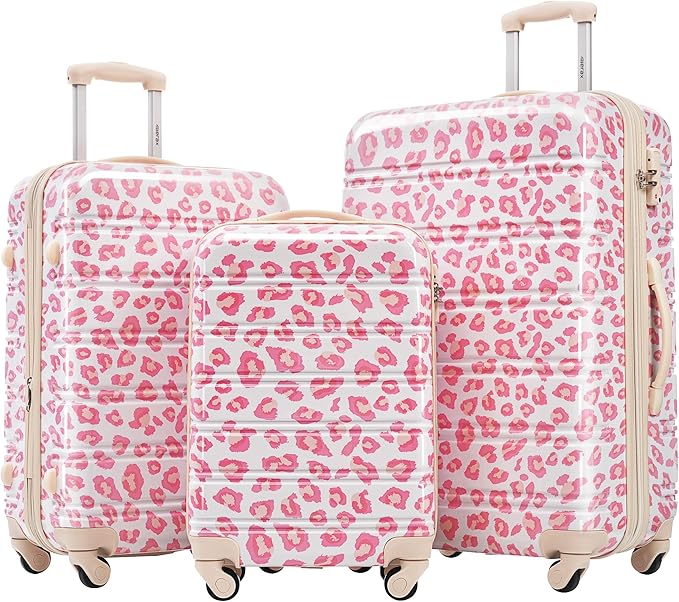 Merax Luggage Sets 3 Piece, Hardside Expandable Suitcase Set with Spinner Wheels, Lightweight Leopard 20+24+28 IN Suitcase with Carry on Luggage, Leopard Pink