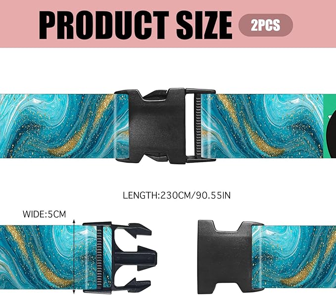 Nuxovilar Luggage Straps Teal Gold Marble Polyester 1.96x90.5inch 2 Set Suitcase Cargo Strap Travel Tool Adventure Trip Beach Resort City Tour