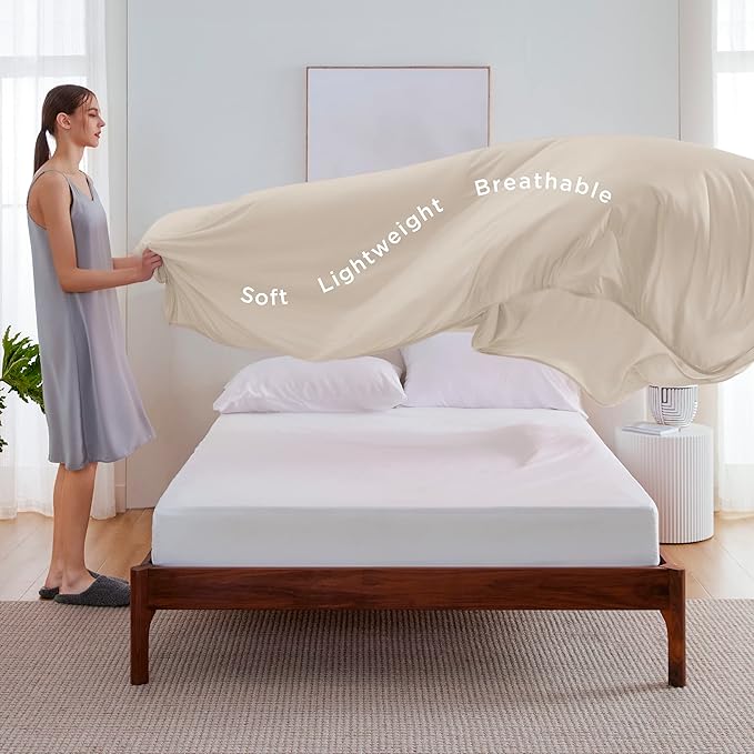 Bedsure Beige Cooling Blanket Queen Size for Hot Sleepers - Summer Cold Blanket for Queen Size Bed with Rayon Derived from Bamboo, Ice Cool Cold Arc-Chill Thin Summer Bedding Essentials, 90x90