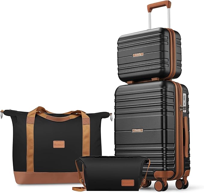 Luggage Sets 4 Piece, 20 Inch Expandable Carry On Suitcase with TSA Lock & Spinner Wheels, Lightweight Travel Luggage Sets with YKK Zippers (Black, 4 Piece Sets(14/20/DB/TB))