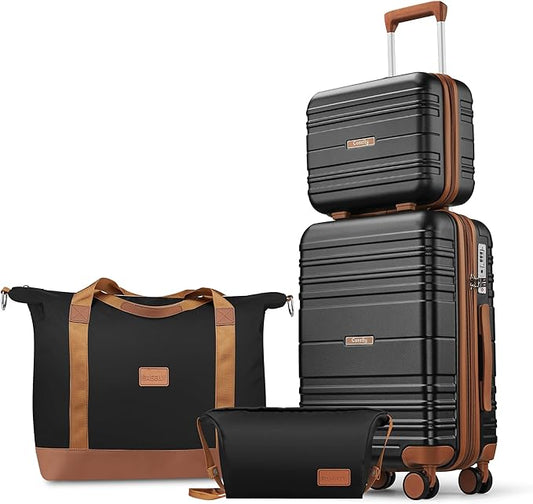 Luggage Sets 4 Piece, 20 Inch Expandable Carry On Suitcase with TSA Lock & Spinner Wheels, Lightweight Travel Luggage Sets with YKK Zippers (Black, 4 Piece Sets(14/20/DB/TB))