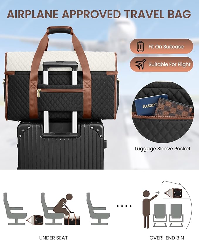 Weekender Travel Duffle Bag for Women: Overnight Bags with Shoe Compartment Carry on Bags for Airplanes with Toiletry Bag Weekend Yoga Gym Bag with Wet Pocket Black White Brown