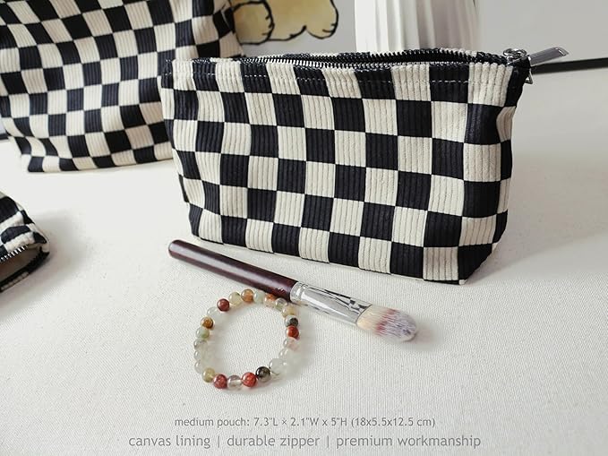 HAPPYHEIDI Checker Corduroy Makeup Bag Women Cosmetic Toiletry Travel Pouch Office Desk Organizer, Vintage Black White Block
