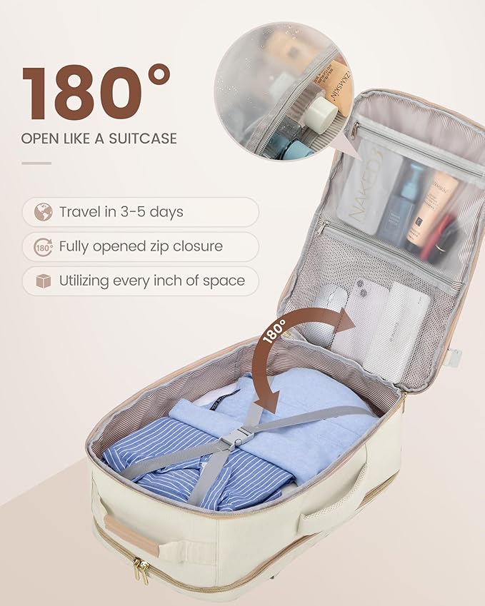 LOVEVOOK Travel Backpack for Women & Men 40L,Airline Approved Carry On Backpack Travel Essential,TSA Carry on Luggage,Waterproof Personal Item Travel Bag,Suitcase with 3 Packing Cube,Beige-Flesh beige