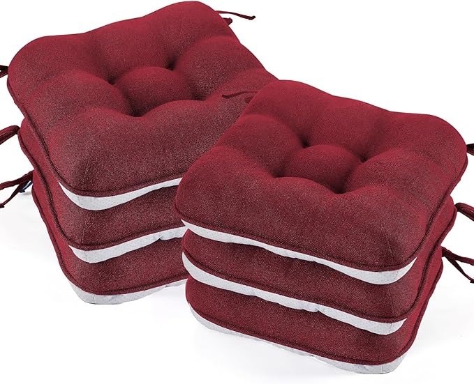 BETU Chair Cushions for Dining Chairs Set of 6,3.5" Thick Kitchen Table Chair Pads with Ties,Non Slip Backing and Covers, Christmas Decor Seat Cushion for Dining Room,Bar,Patio Chairs,16"X16"X3.5",Red