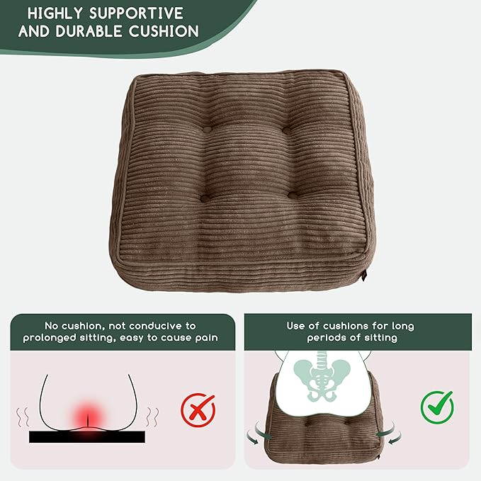 HIGOGOGO Tufted Corduroy Recliner Seat Cushion for Elderly, 20x20x6 Inch Extra Large Square Seat Cushion for Recliner Chair, Floor Pillow, Office Chair, Car, No Pressure on Thighs, Brown