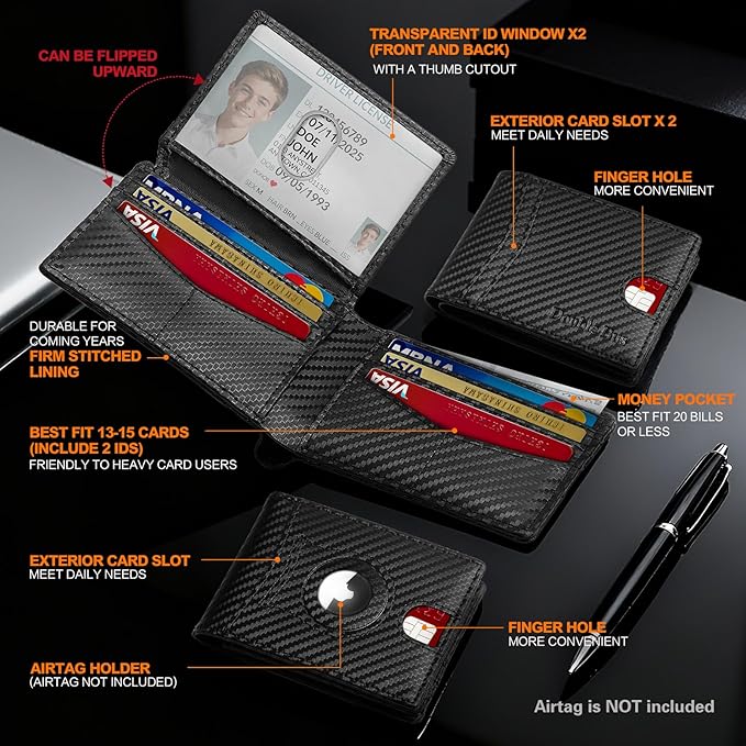 Wallet for Men Slim RFID Blocking Bifold Carbon Fiber,Minimalist Small Compact Front Pocket Credit Card Holder,Thin Mens Leather Wallets Smart Security With 2 ID Windows 1 Cash,Birthday Gifts for Men