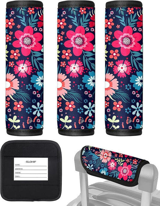 Slohif Luggage Handle Wrap 3Pcs Suitcase Identifier - Bag Strap Cover For Bogg Travel Accessories Easy Identification Bright Marker Sleeve Grips Comfort Neoprene Concealed Tag For Airport, Flower