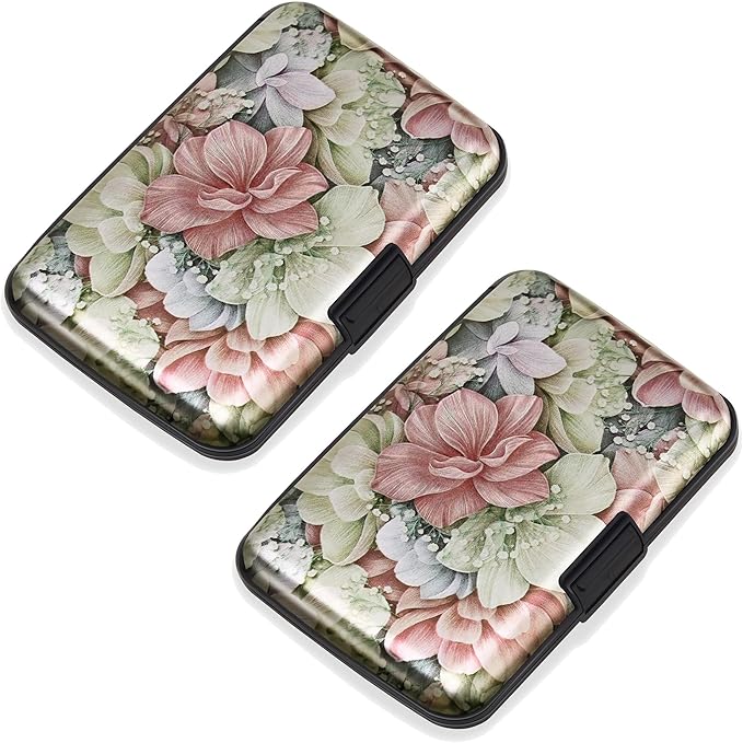 Mayski 2 Pack Credit Card Holder, RFID Blocking, Happy Flower Aluminum Alloy Hard Case, Small Mini Business Metal Wallet for Women Men