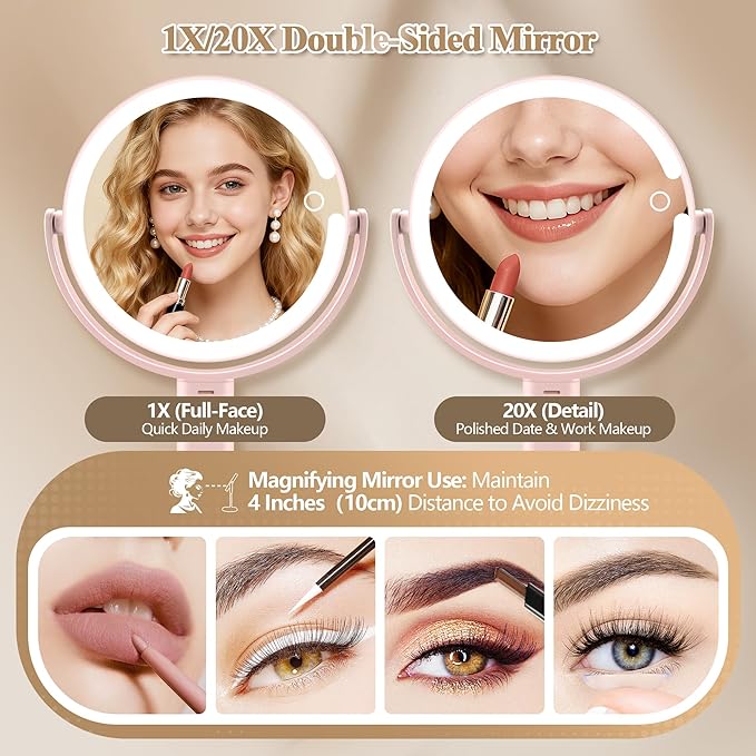 MOMOKUBA Makeup Mirror with Lights, Double Sided 1x/20x Magnifying Mirror with Light, Rechargeable 3 Color Lights and Adjustable Brightness, 360° Rotation Detachable Comes with Tweezer(Pink)