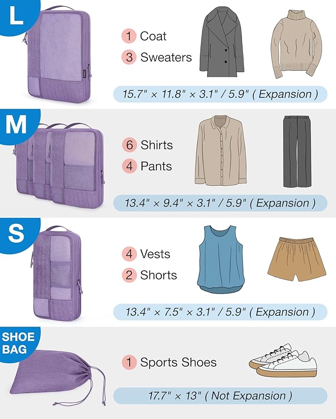 BAGSMART Compression Packing Cubes for Travel, 6 Set Packing Cubes for Carry on Suitcases, Compression Travel Cubes & Suitcase Organizer for Packing with Shoe Bag Light Beige