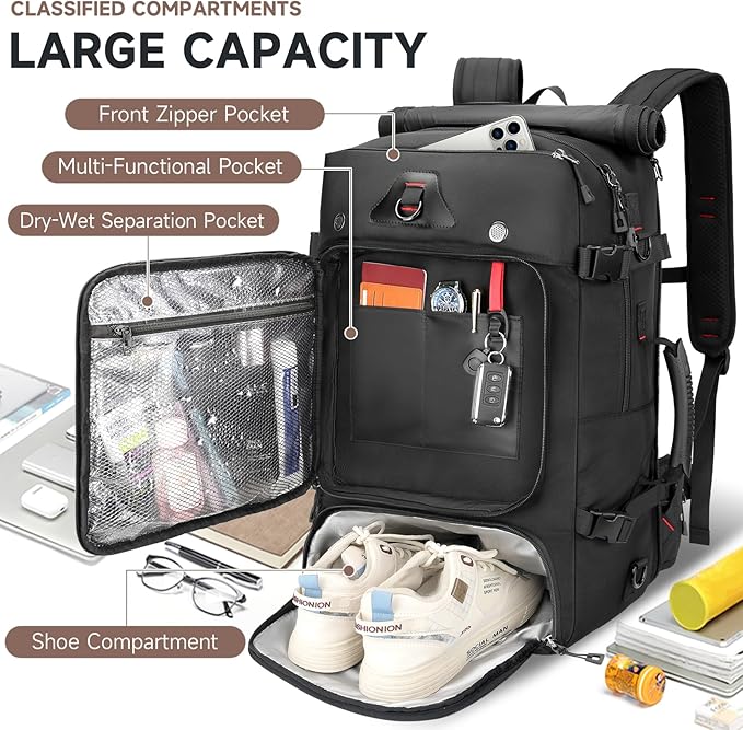 SWICKY 50L Large Capacity Travel Backpack, Outdoor Hiking Camping Bag with Shoe Compartment, Heavy Duty, Fits 17" Laptop
