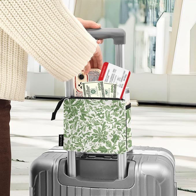 Green Vintage Flower Bohemian Luggage Cup Holder Travel Portable Free Hand Drink Carrier Suitcase Drinks Beverage Holder Carry-On Bottle Mug Holder Organizer Bag Travelers Accessories