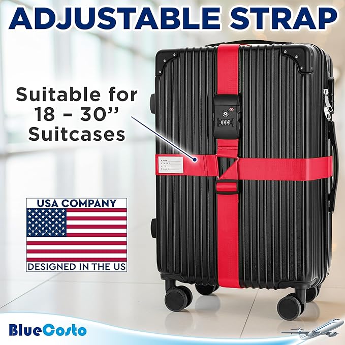 BlueCosto - Luggage Strap with TSA Lock - 7 to 13 ft Adjustable, Bright Red - TSA Approved Suitcase Security Belt with 3 Digit Combination Locking - 2" Wide Heavy Duty Baggage Strap for Secure Travel