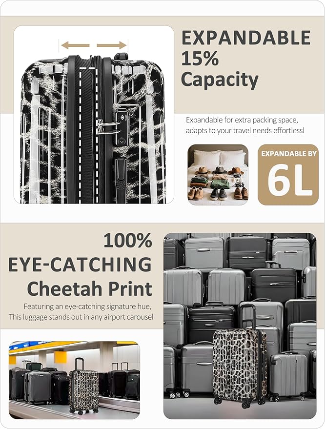 Cheetah Print Carry on Luggage - Airline Approved Suitcases with Spinner Wheels, Built-In TSA Lock，Hard Shell Expandable Suitcases