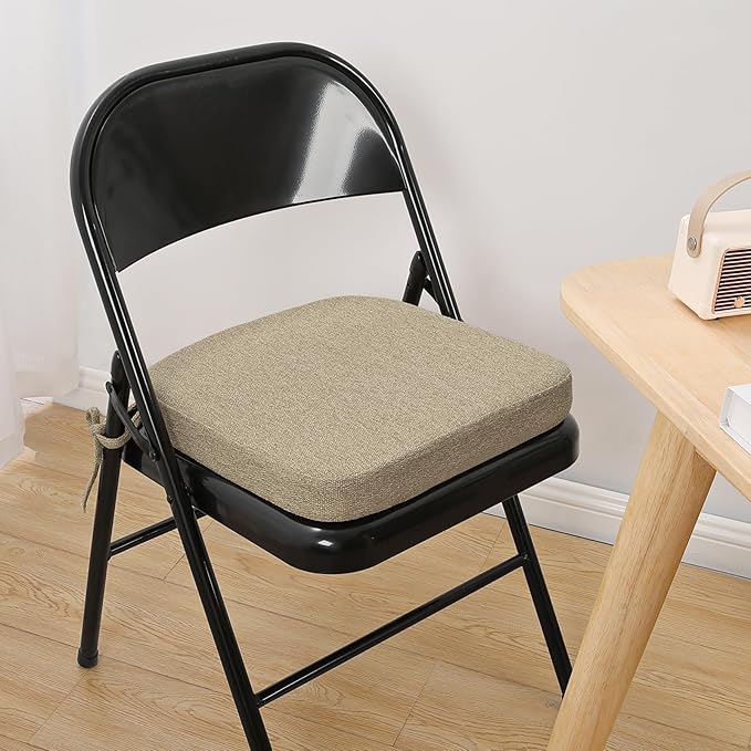 SINOSSO Memory Foam Chair Cushions for Folding Chairs 4 Pack, Thickened 2" Square Pads with Ties for Kitchen Chairs, Indoor Non-Slip Dining Chair Seat Cushions (4 Pcs, Linen)