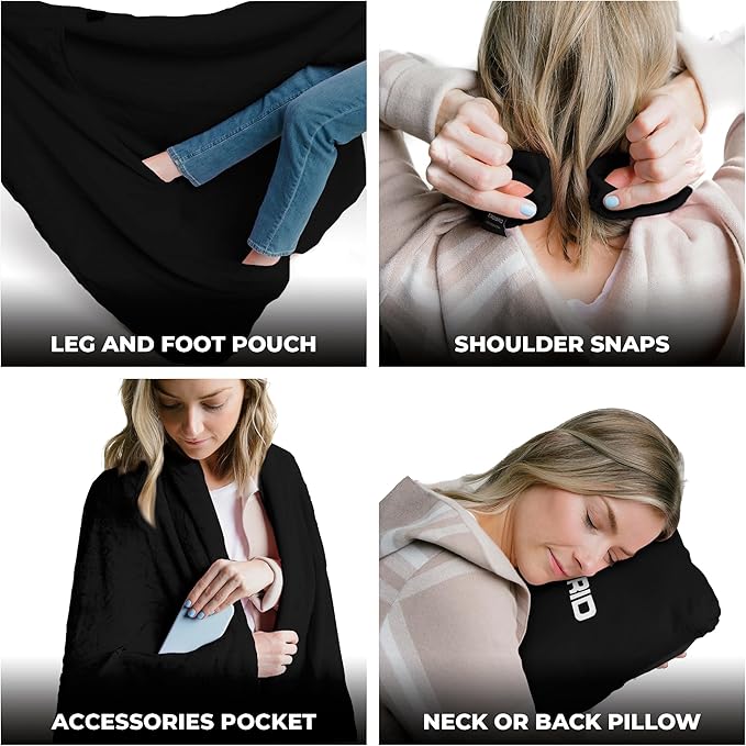 Zero Grid Lightweight Travel Blanket – Premium Compact Wearable Airplane Blanket with Neck Snaps, Cozy Foot Pockets, Zipper Pouch, converts to Soft Pillow for Ultimate Comfort - Black
