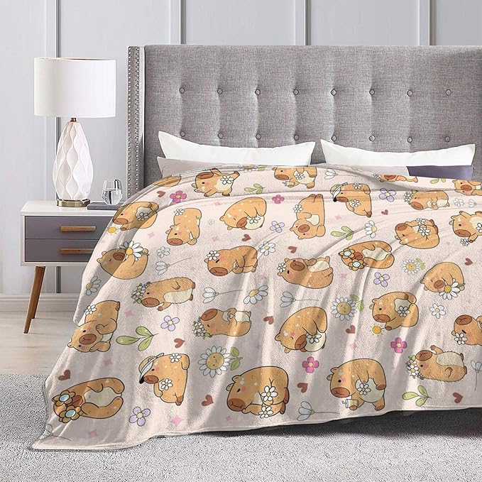 Blanket Gifts for Kids Girls Boys Adults Animals Lovers, Flanne Throw Blanket, Soft Cozy, Warmth, Fluffy Fuzzy Blankets for Couch, Bed, Travel, Living Room, Home, Decor (Daisy Capybara, 50"x40")