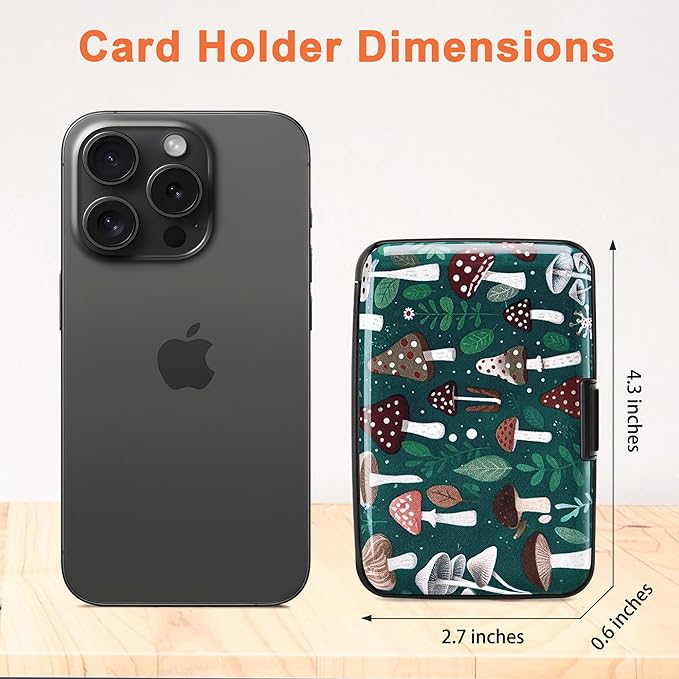Mayski Credit Card Holder, RFID Blocking, Aluminum Alloy Hard Case, Small Mini Business Metal Wallet for Women Men, Mushroom